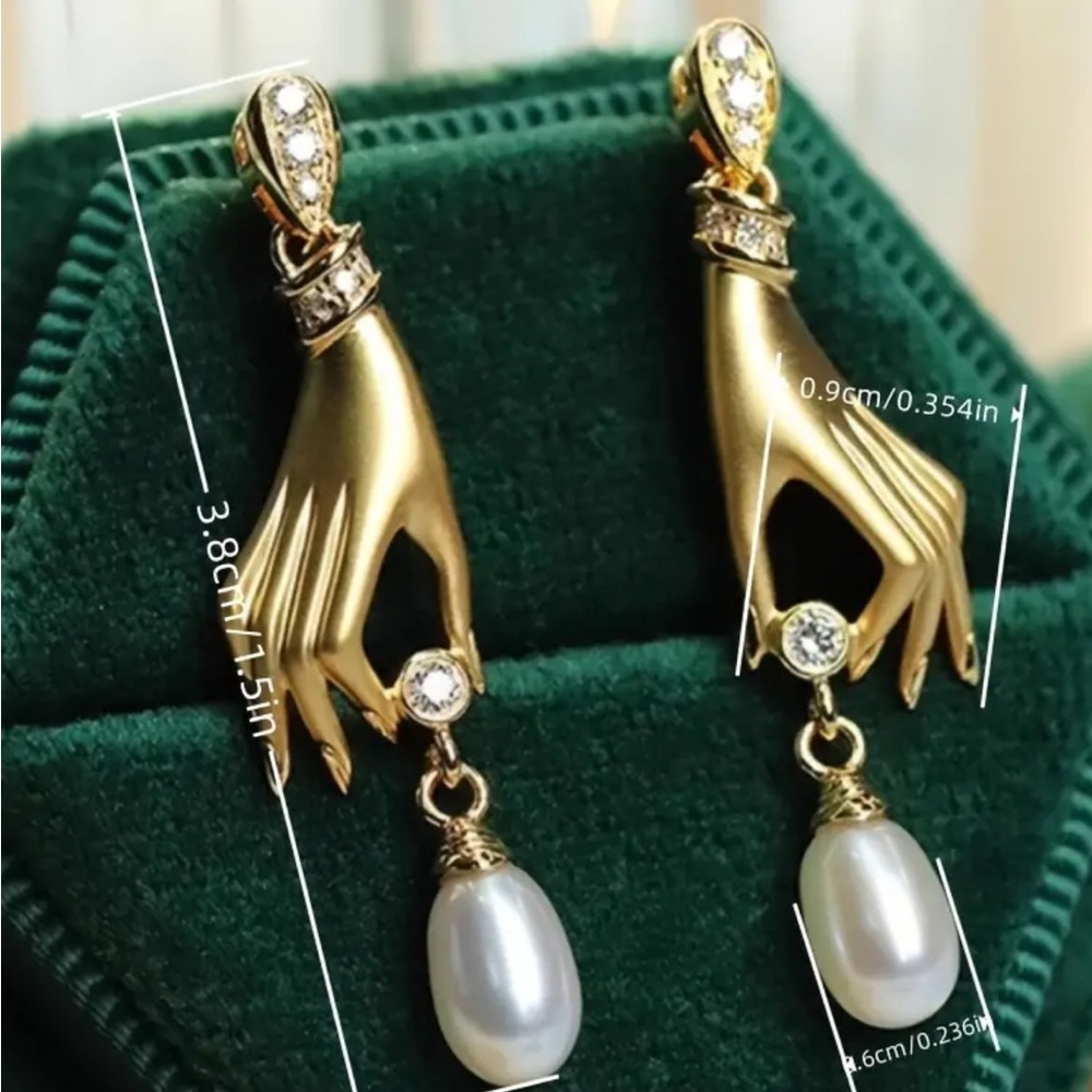 Golden Hand Pearl Drop Earrings - Picture 2 of 3